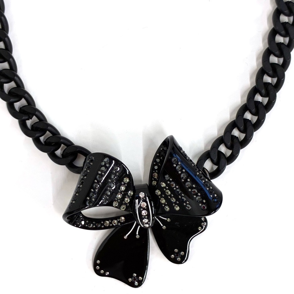 RARE Vintage MIMCO Black Lucite & Rhinestone 3D Bow Statement Necklace